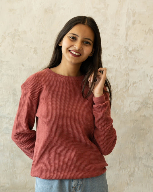 Waffle Sweat Shirt | Salmon Pink | Regular | Kaam Bhari
