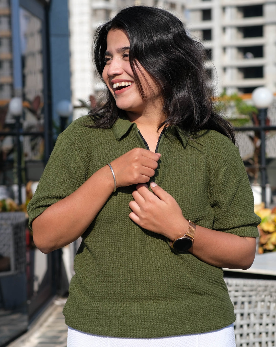 Waffle Polo T Shirt | Green | Regular | Kaam Bhari