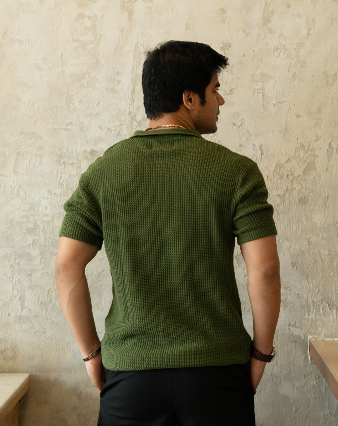 Waffle Polo T Shirt | Green | Regular | Kaam Bhari