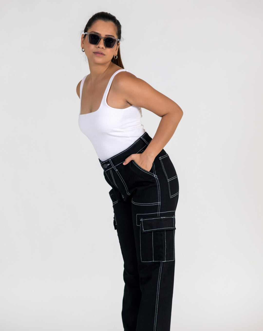 Denim Black Cargo Pant | 6 Pocket | Black