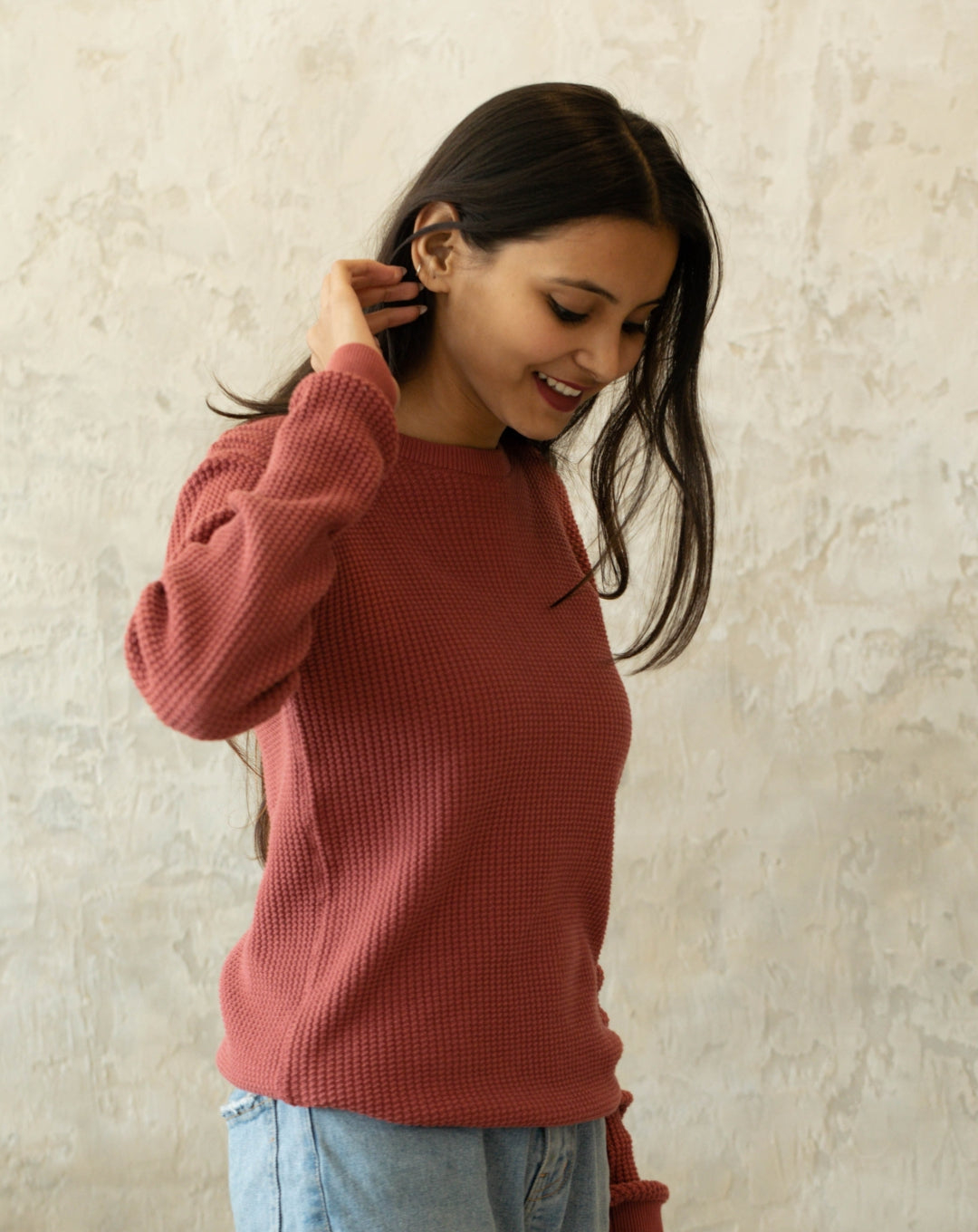 Waffle Sweat Shirt | Salmon Pink | Regular | Kaam Bhari