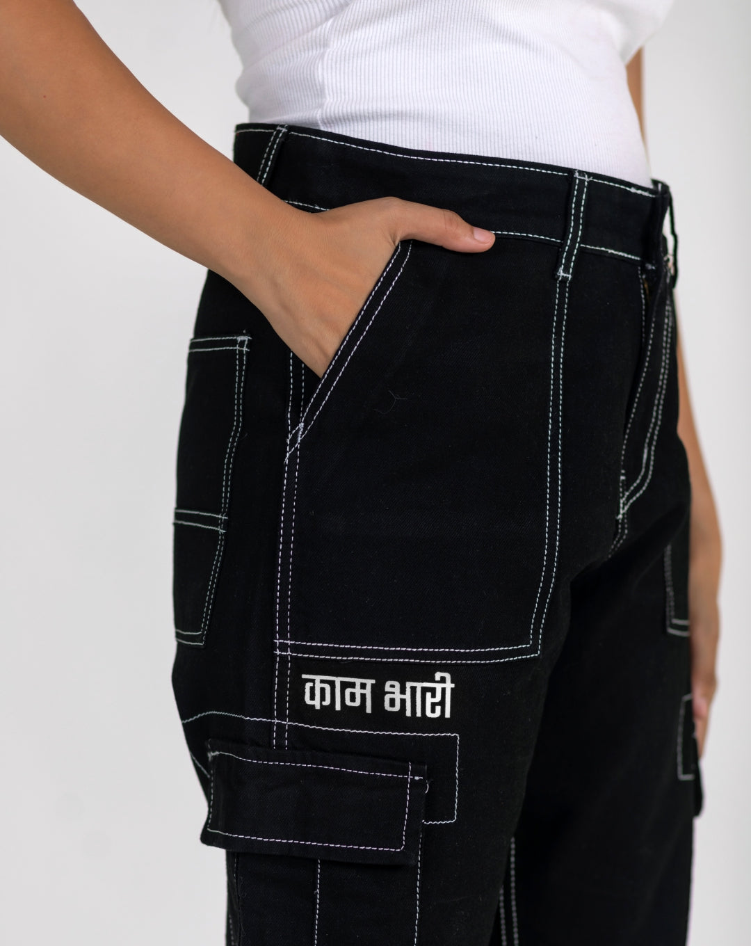 Denim Black Cargo Pant | 6 Pocket | Black