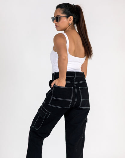 Denim Black Cargo Pant | 6 Pocket | Black