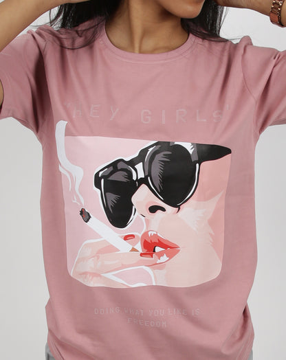 Hey Girls Light Pink T-shirt Cotton Print